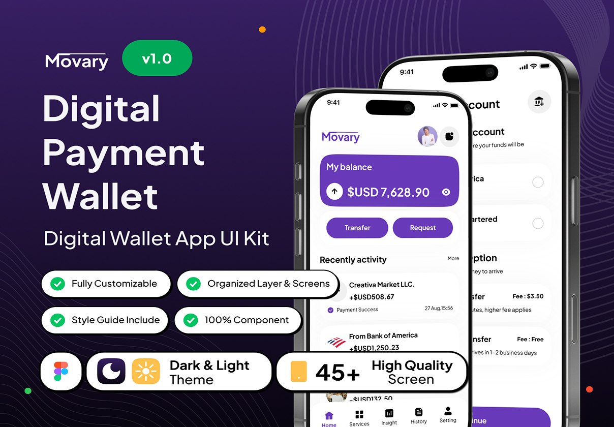 Movary Digital Payment Wallet App UI Kit
